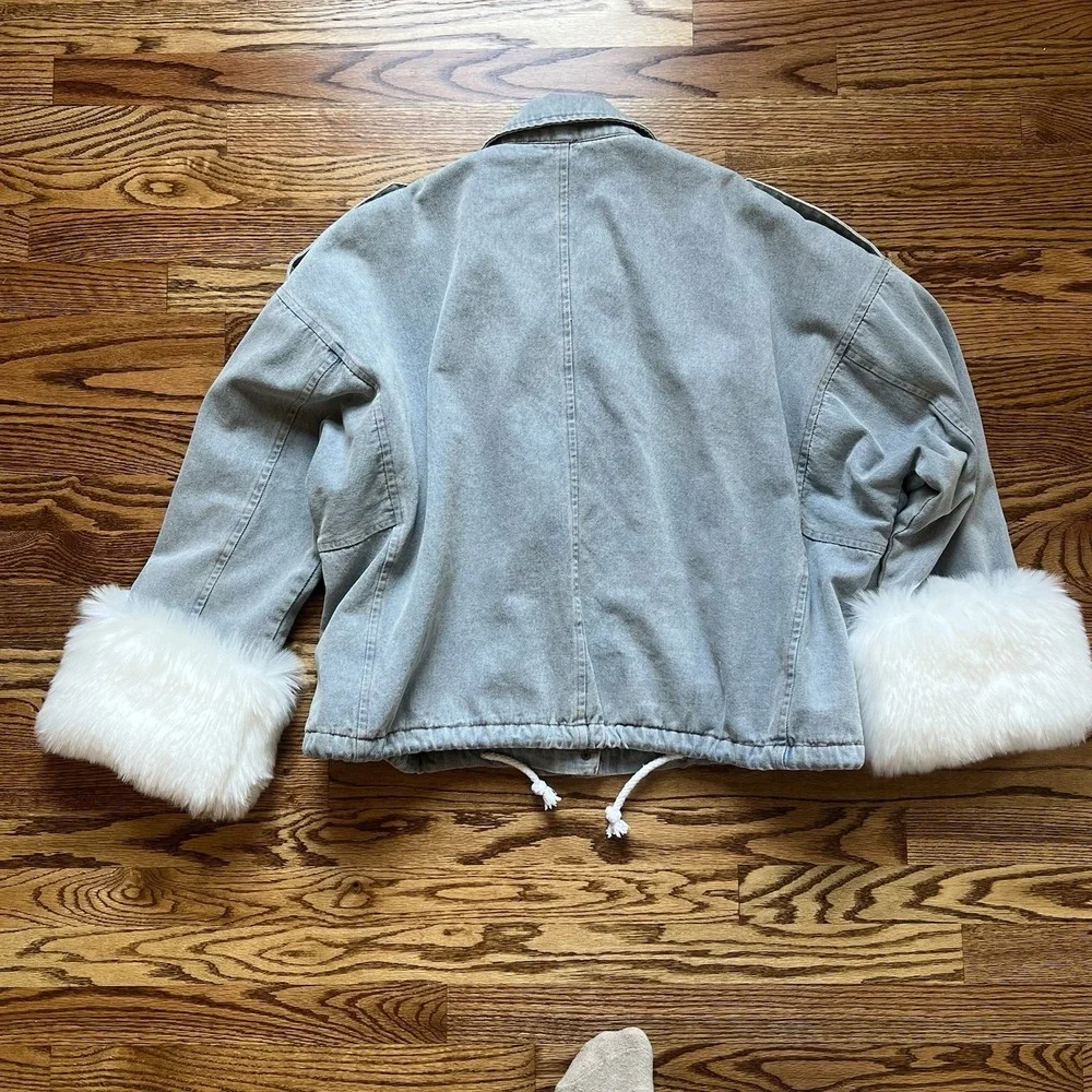 Petal Dew White Faux Fur Trim Utility Denim Jacket Warm Soft Lining, Oversized S